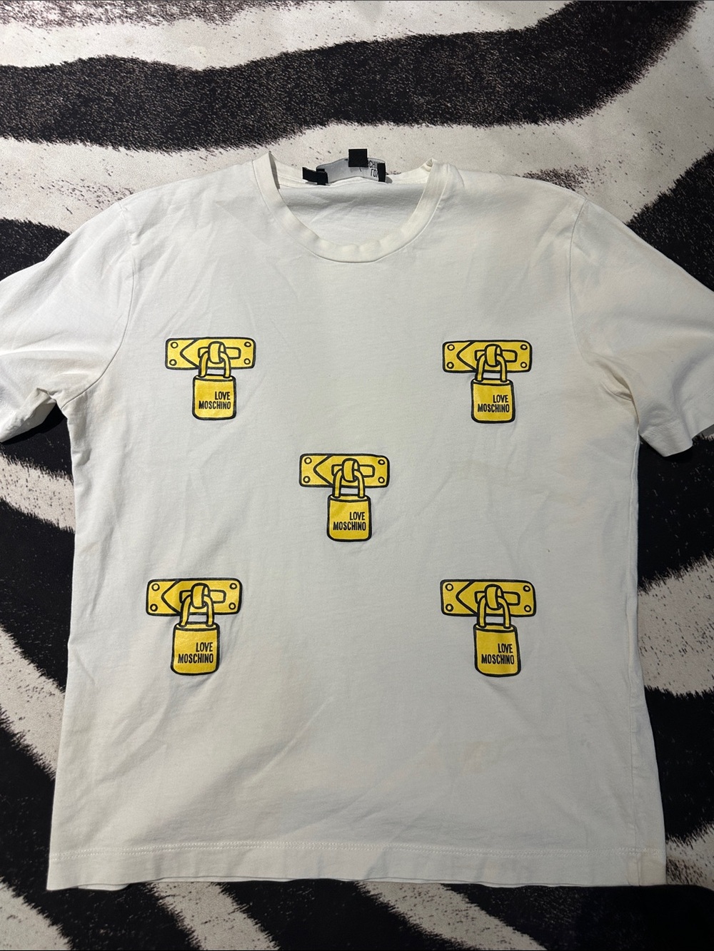 Love Moschino White Tee with Yellow Padlock Motifs